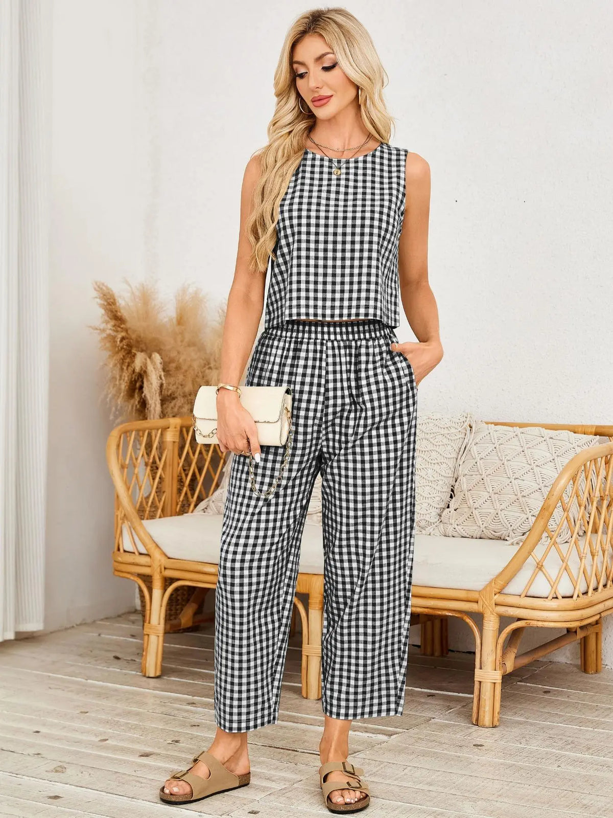 Summer Women's 2 Piece Cotton Plaid Set - Loose Fit