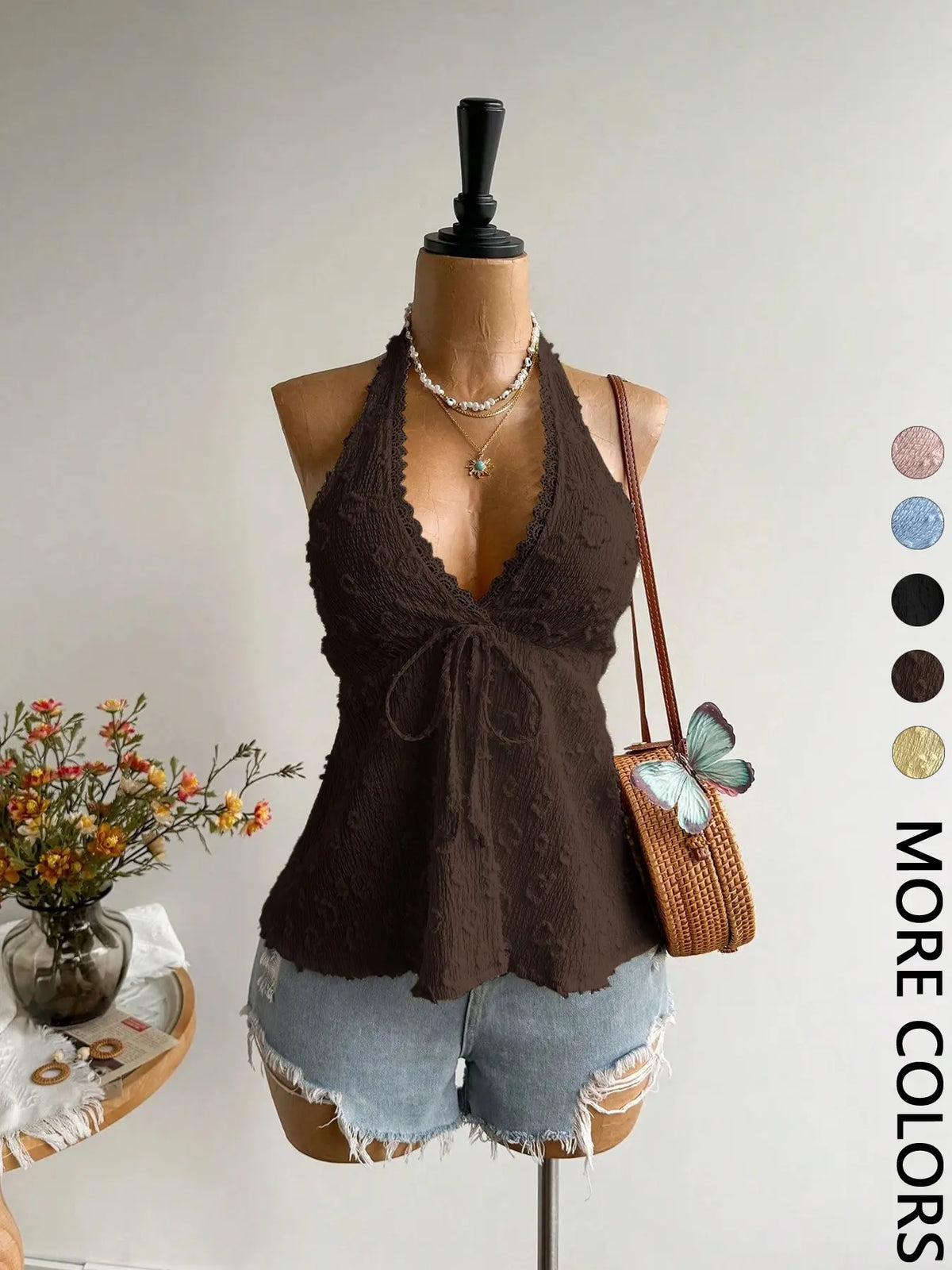 Bohemian Backless Halter Top, Fitted Sleeveless