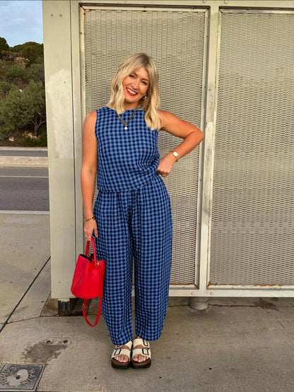 Summer Women's 2 Piece Cotton Plaid Set - Loose Fit