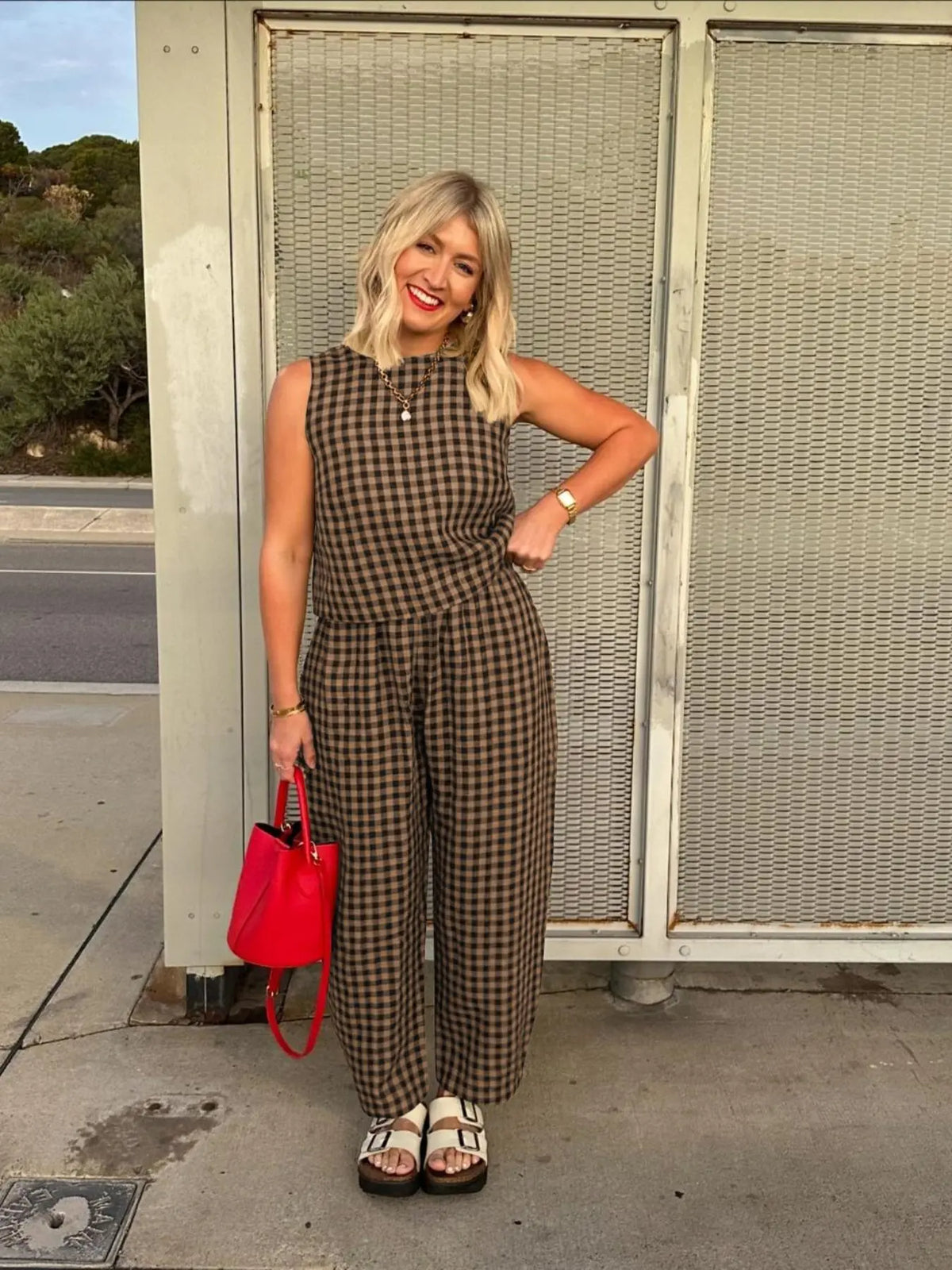 Summer Women's 2 Piece Cotton Plaid Set - Loose Fit