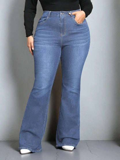 Plus Size Plain Pocket Button Flare Leg Jeans