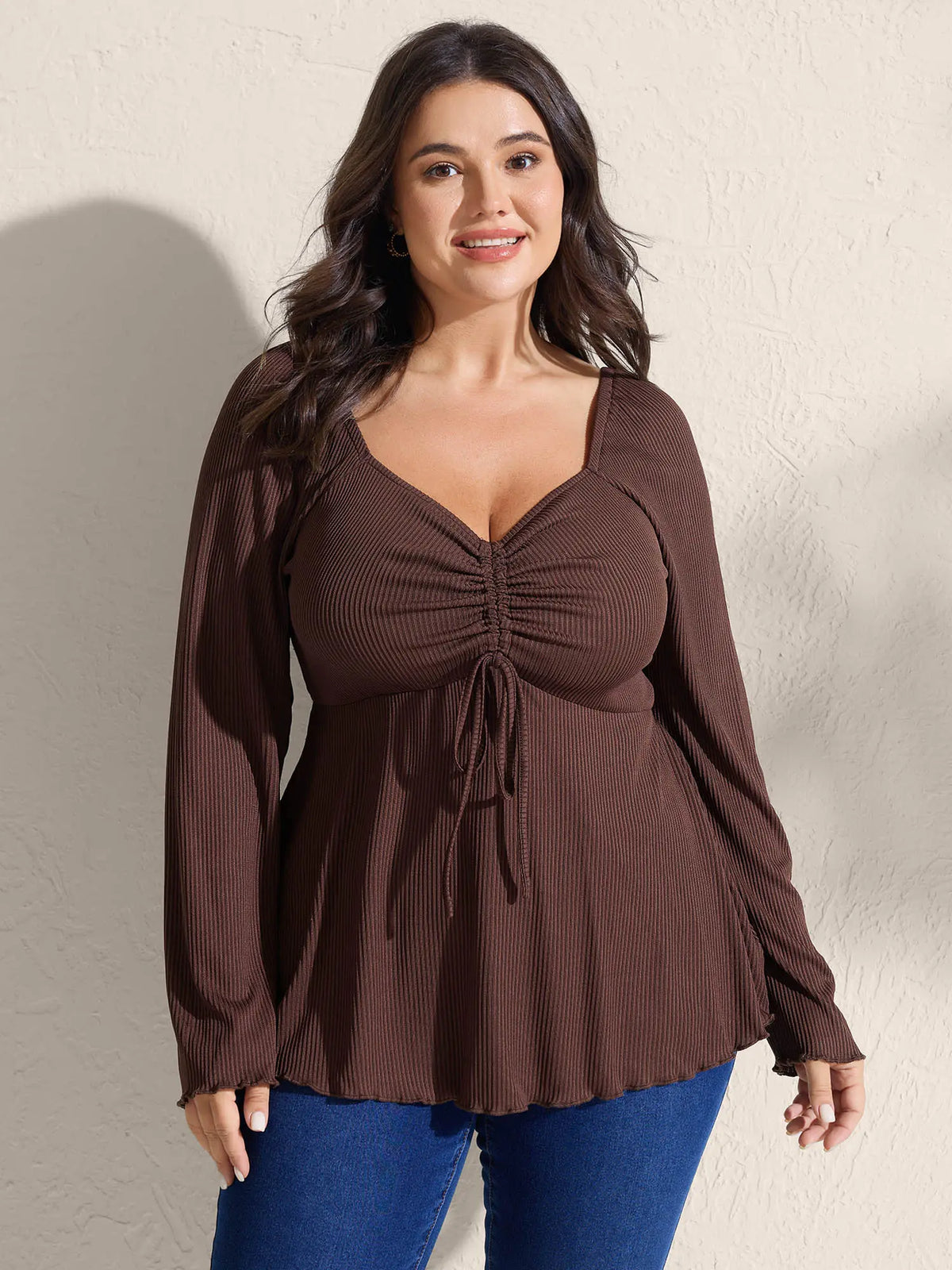 Plus Size Ribbed Spandex Blouse with Drawstring Bodice