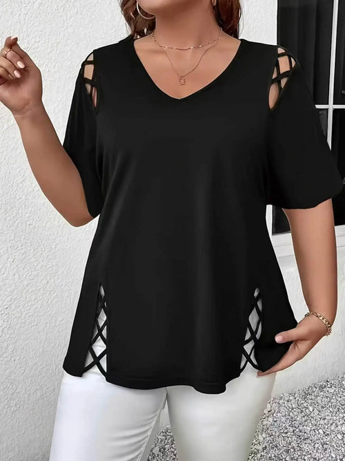 Women's V Neck Hollow Out Short Sleeve Top for Summer
