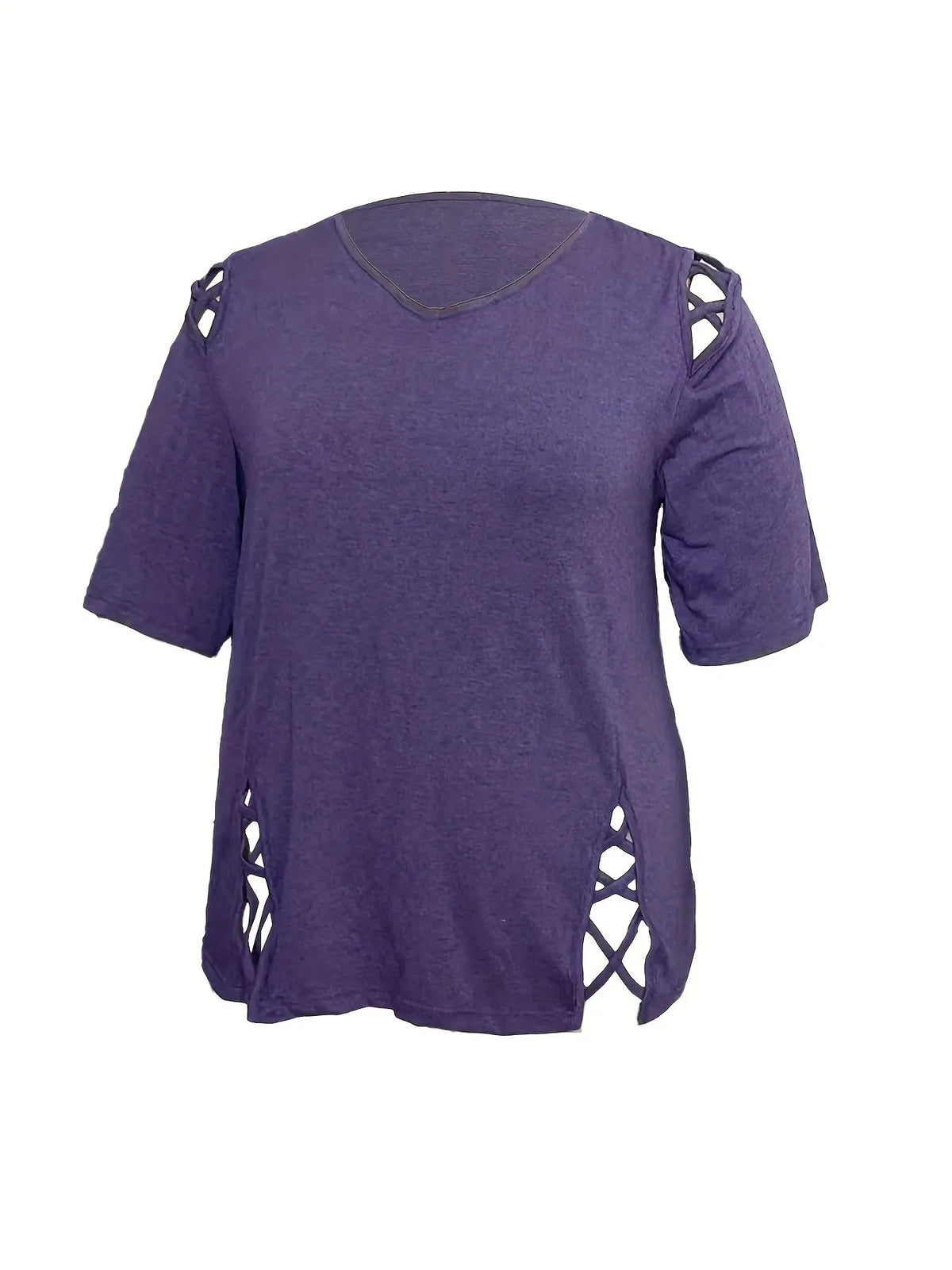 Women's V Neck Hollow Out Short Sleeve Top for Summer