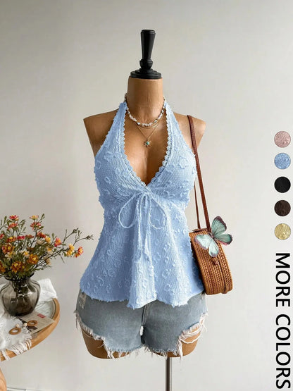 Bohemian Backless Halter Top, Fitted Sleeveless