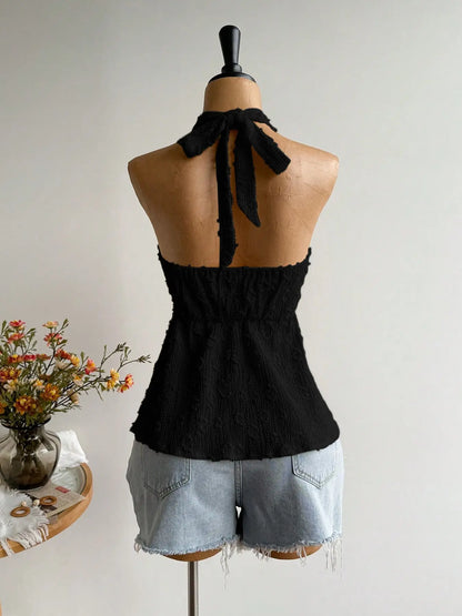 Bohemian Backless Halter Top, Fitted Sleeveless