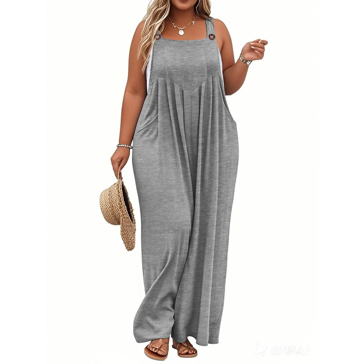 Plus Size Sleeveless Wide Leg Jumpsuit with Pockets