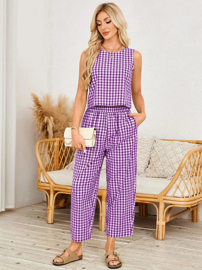 Summer Women's 2 Piece Cotton Plaid Set - Loose Fit