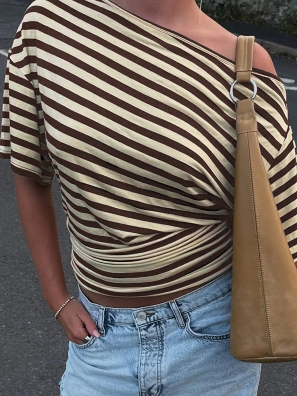 Women’s One Shoulder Striped Asymmetric Hem Tee
