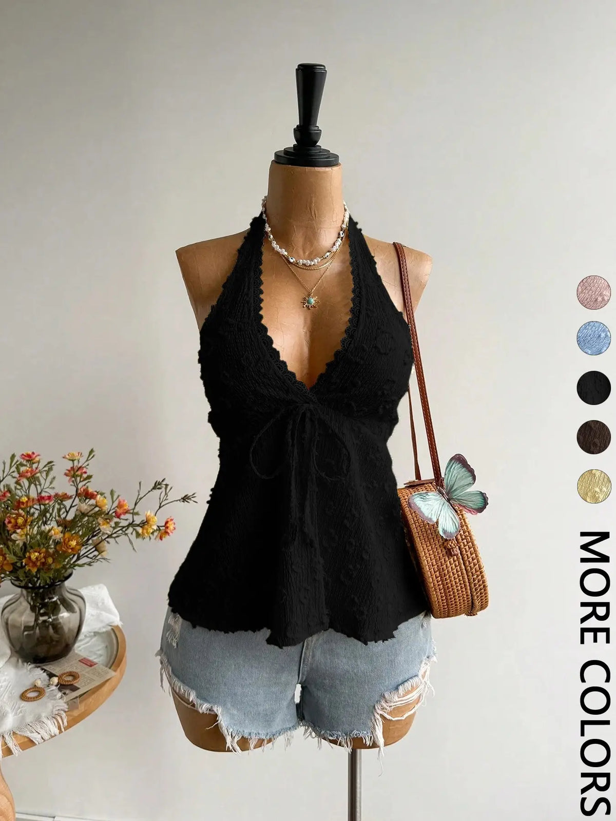 Bohemian Backless Halter Top, Fitted Sleeveless