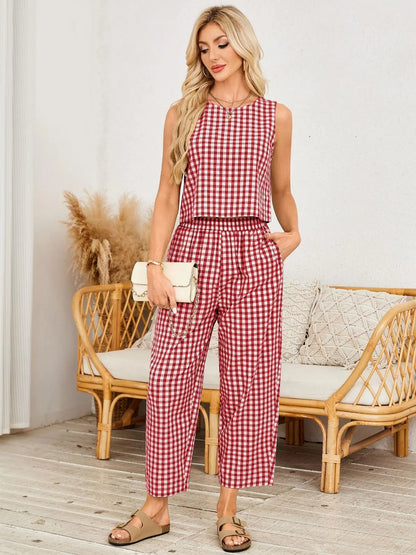 Summer Women's 2 Piece Cotton Plaid Set - Loose Fit