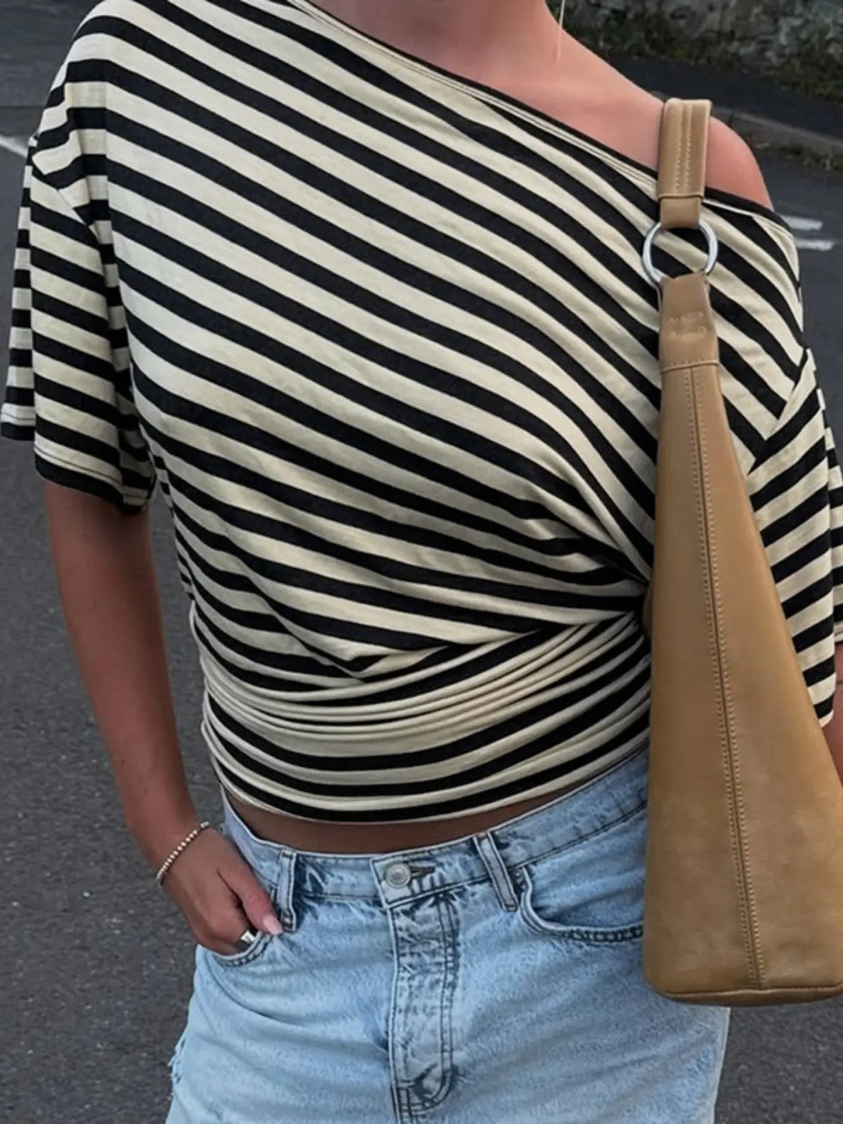 Women’s One Shoulder Striped Asymmetric Hem Tee