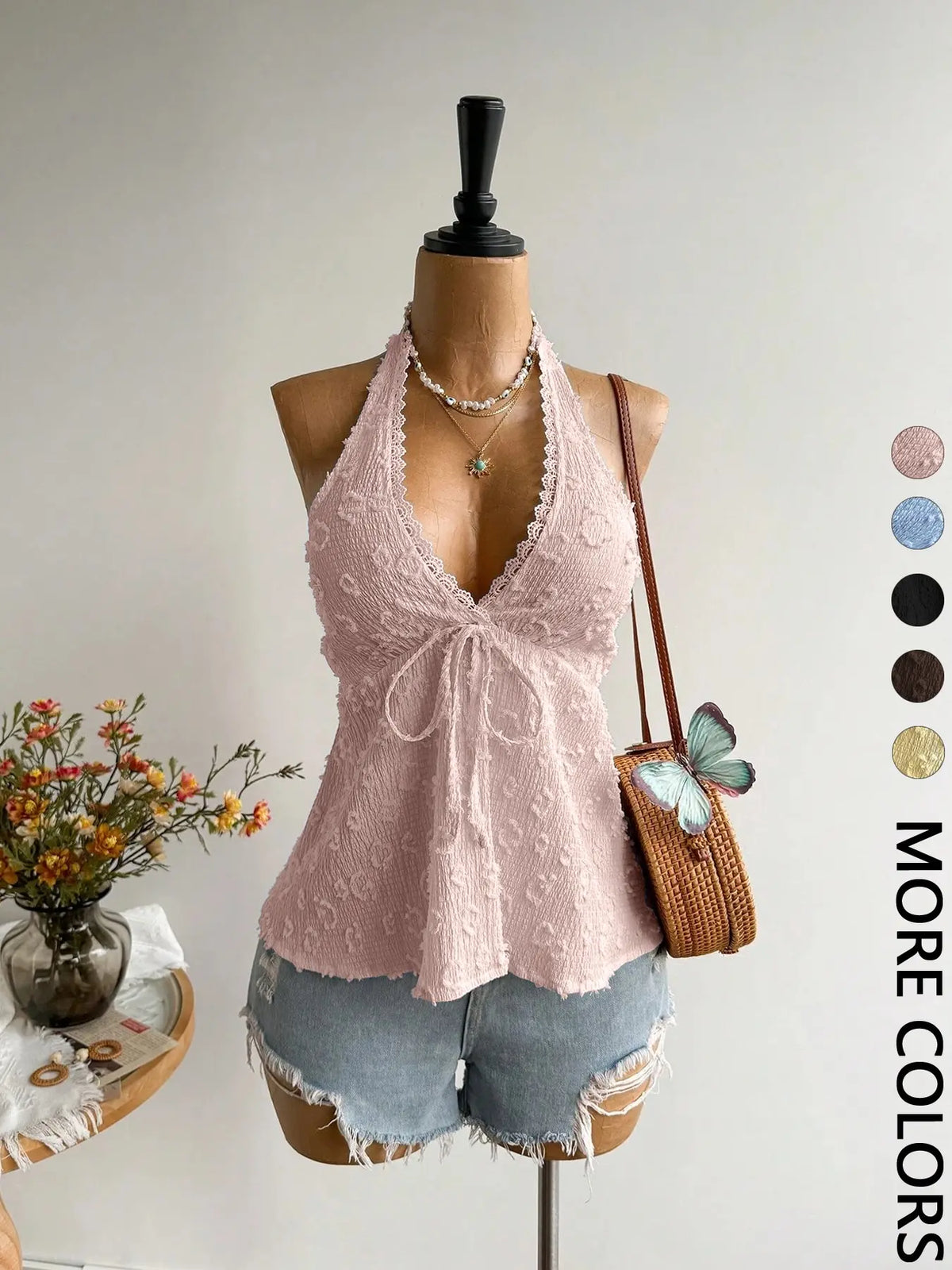 Bohemian Backless Halter Top, Fitted Sleeveless