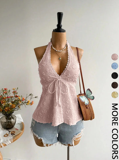 Bohemian Backless Halter Top, Fitted Sleeveless