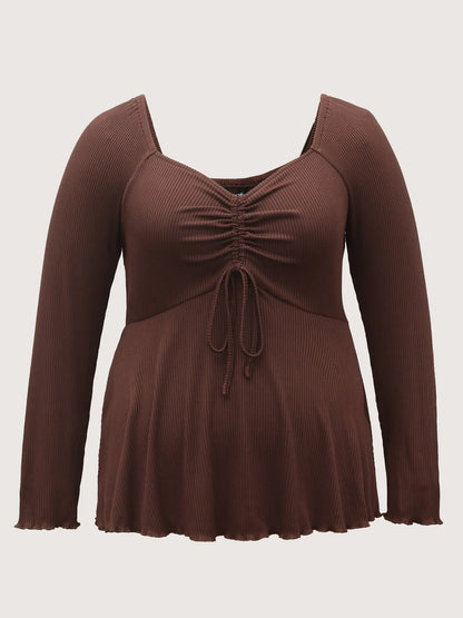 Plus Size Ribbed Spandex Blouse with Drawstring Bodice