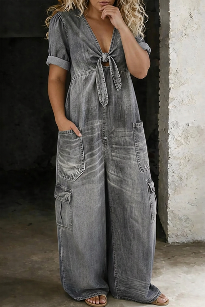 V Neck Short Sleeve Jumpsuit