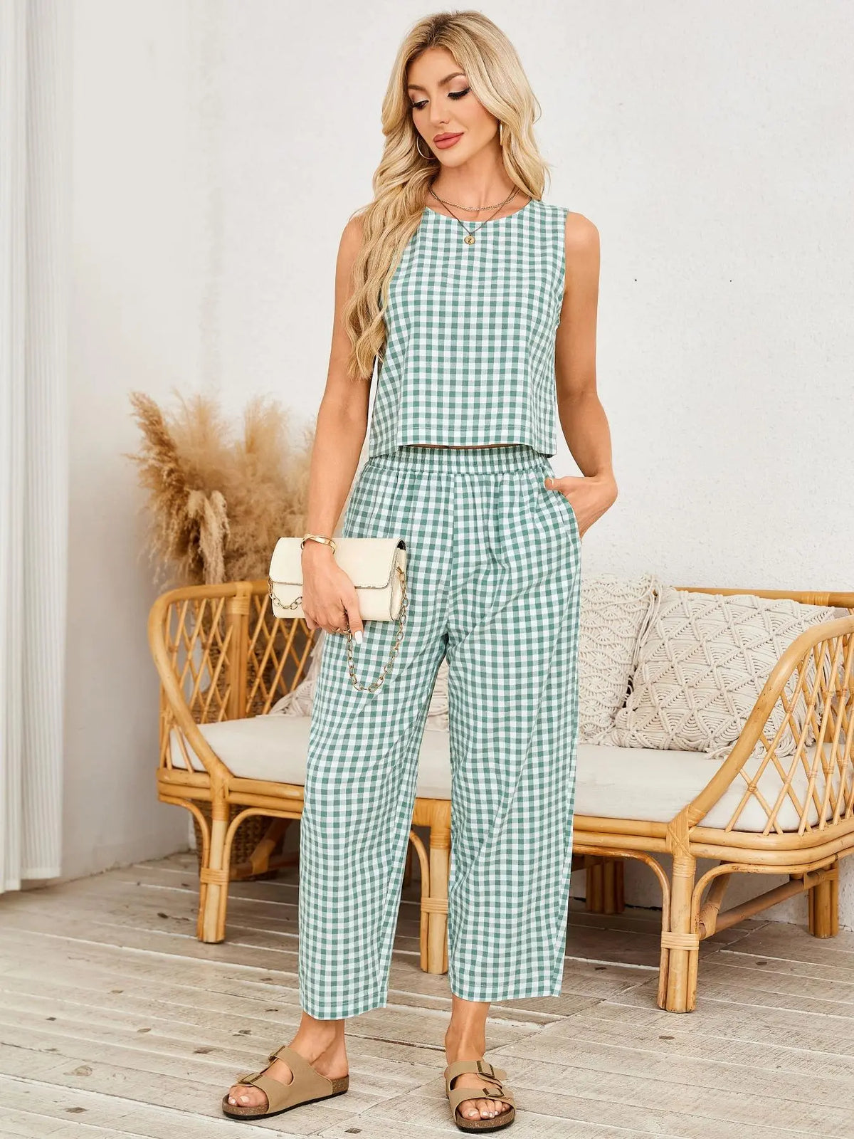 Summer Women's 2 Piece Cotton Plaid Set - Loose Fit