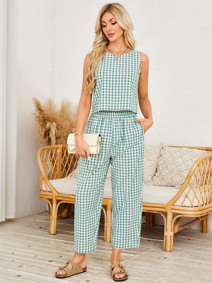 Summer Women's 2 Piece Cotton Plaid Set - Loose Fit
