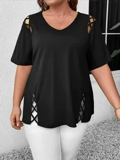 Women's V Neck Hollow Out Short Sleeve Top for Summer