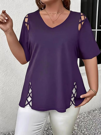 Women's V Neck Hollow Out Short Sleeve Top for Summer