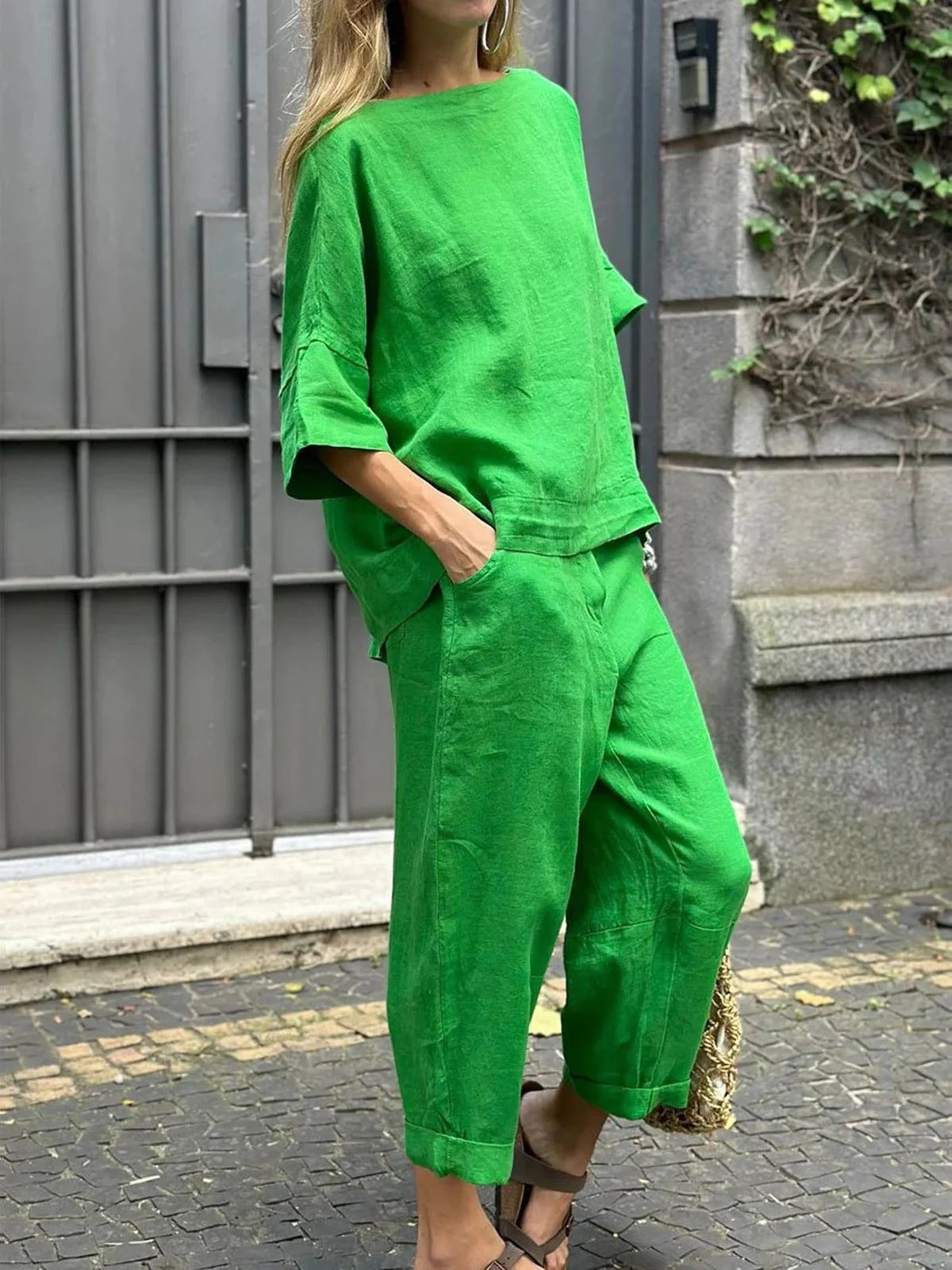 Crew Neck 3/4 Sleevess Loose Top With Pants Two-Piece Suits