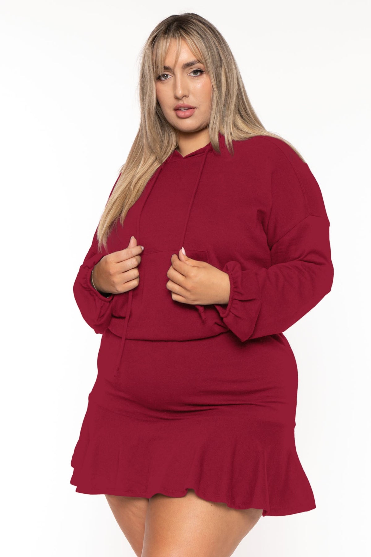 Plus Size Tracie Hoodie  Mini  Dress - Burgundy