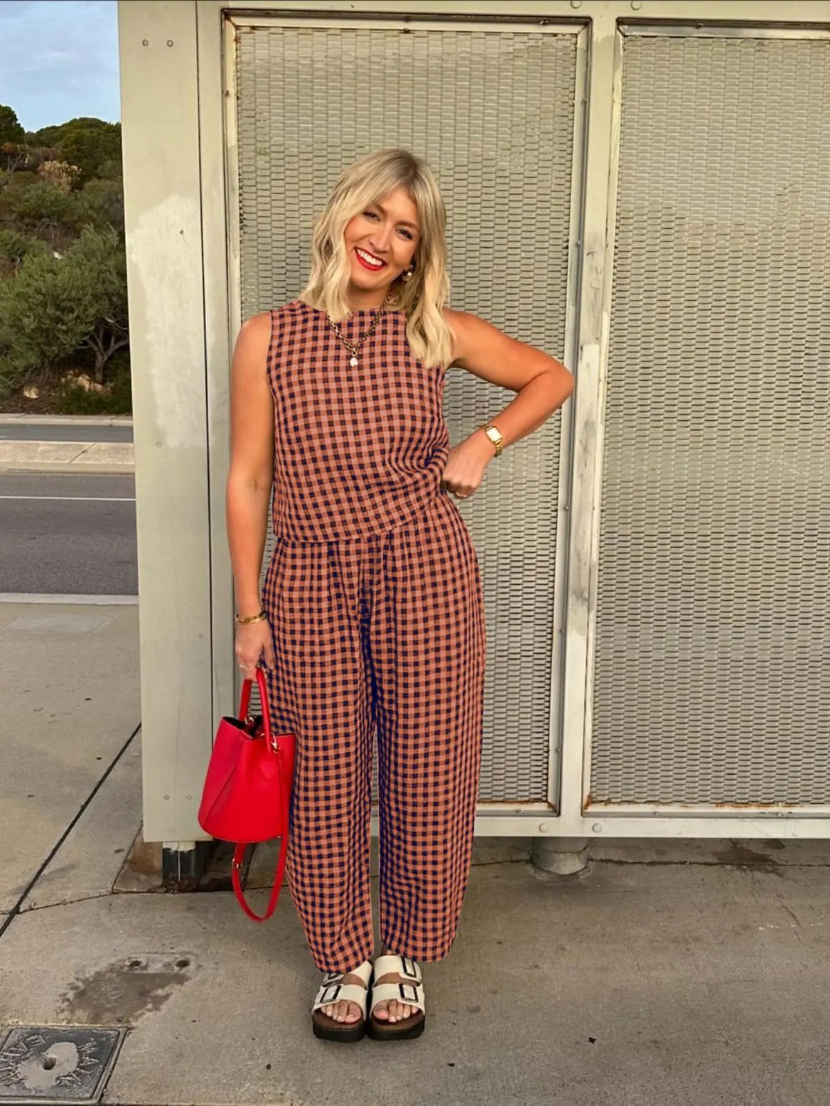 Summer Women's 2 Piece Cotton Plaid Set - Loose Fit