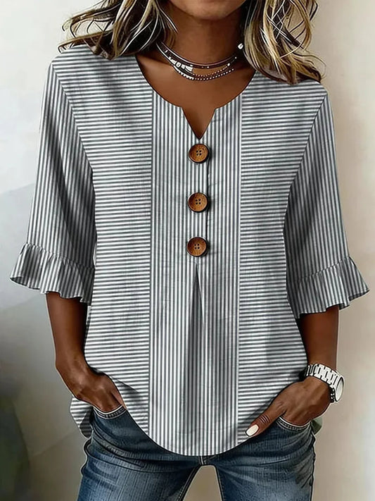 Casual V Neck 3/4 Sleeve Striped Print Blouse