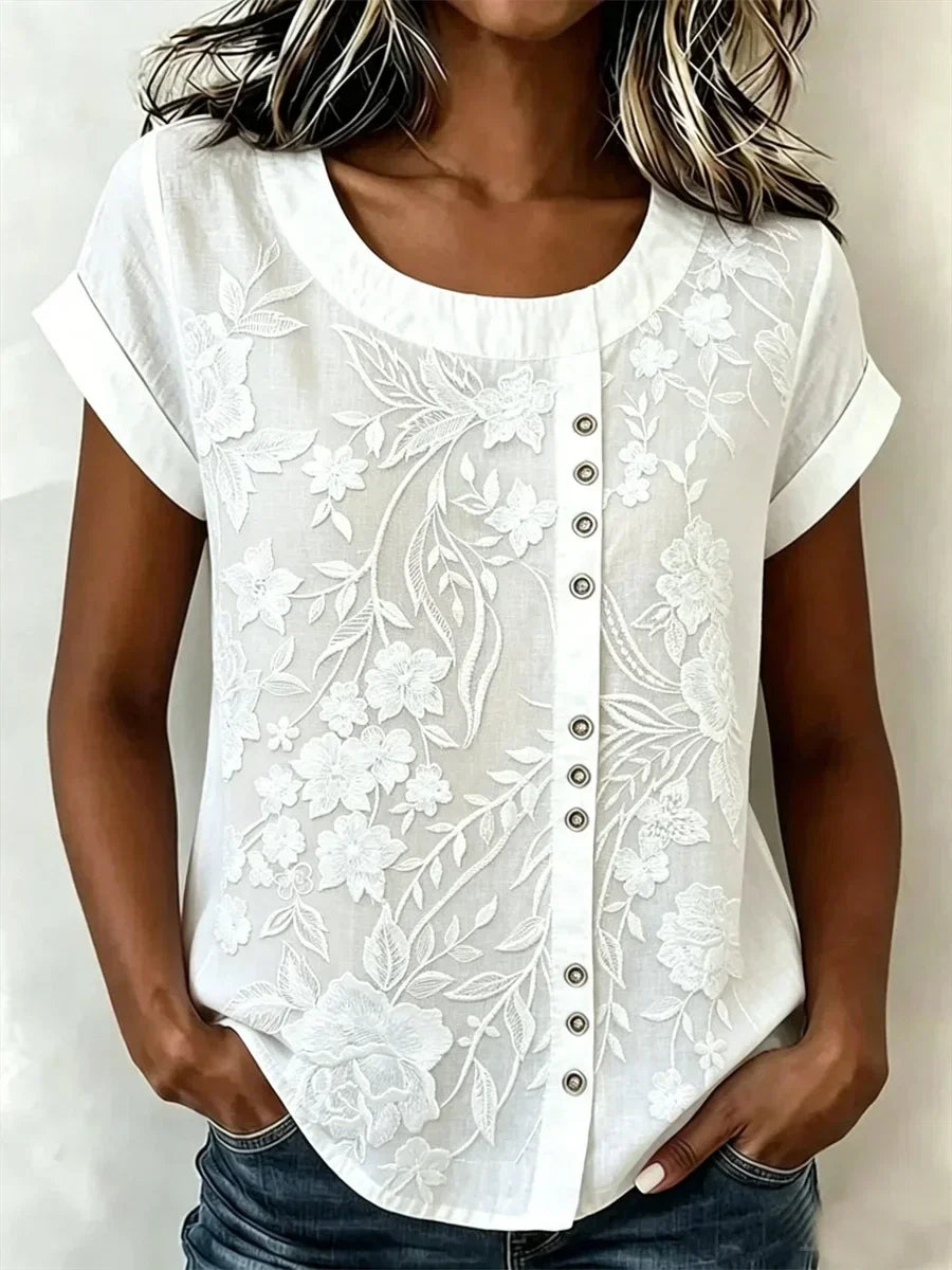 Plain Crew Neck Short Sleeve 3D Printing Loose Blouse