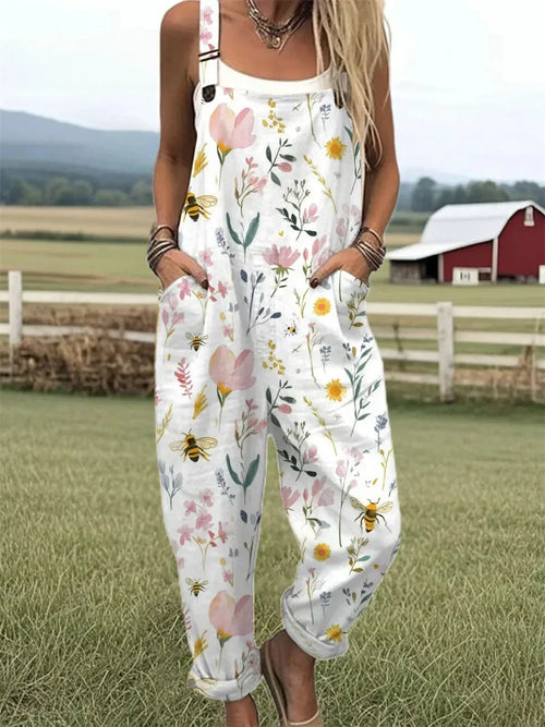 Women's Vintage Floral Bee Art Print Casual Wide Leg Jumpsuit
