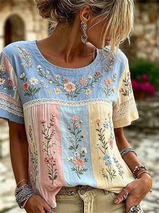 Floral Colour Block Round Neck Short Sleeve T-Shirt
