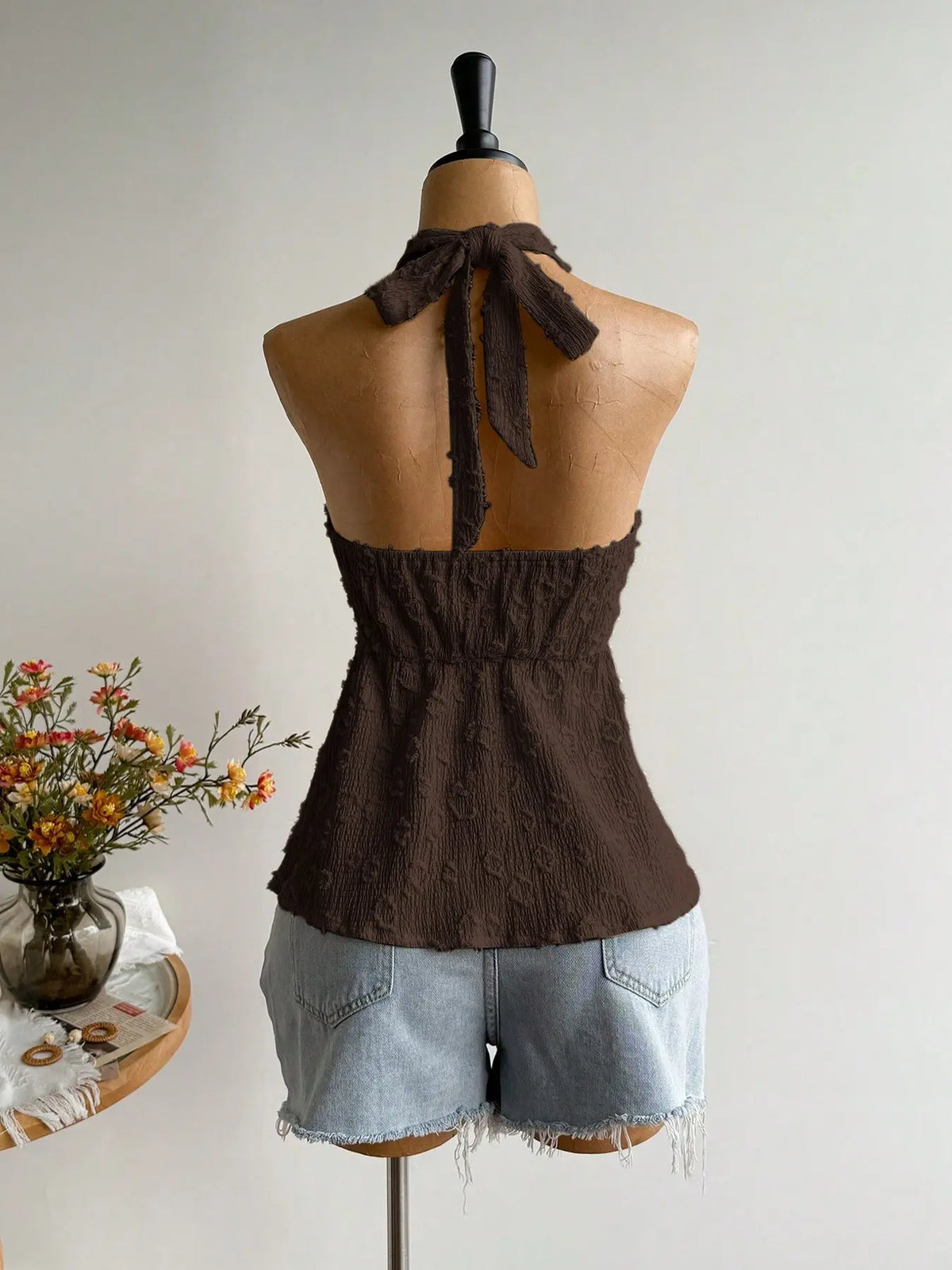Bohemian Backless Halter Top, Fitted Sleeveless