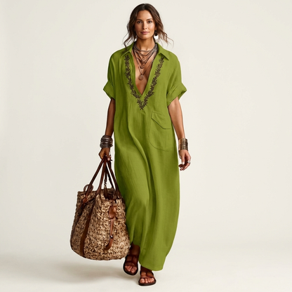 Embroidered V-Neck Collar Linen Maxi Dress