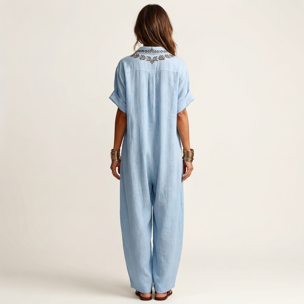 Embroidered V-Neck Collar Linen Maxi Dress