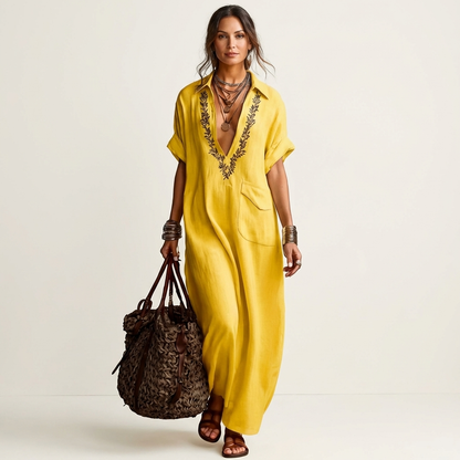 Embroidered V-Neck Collar Linen Maxi Dress