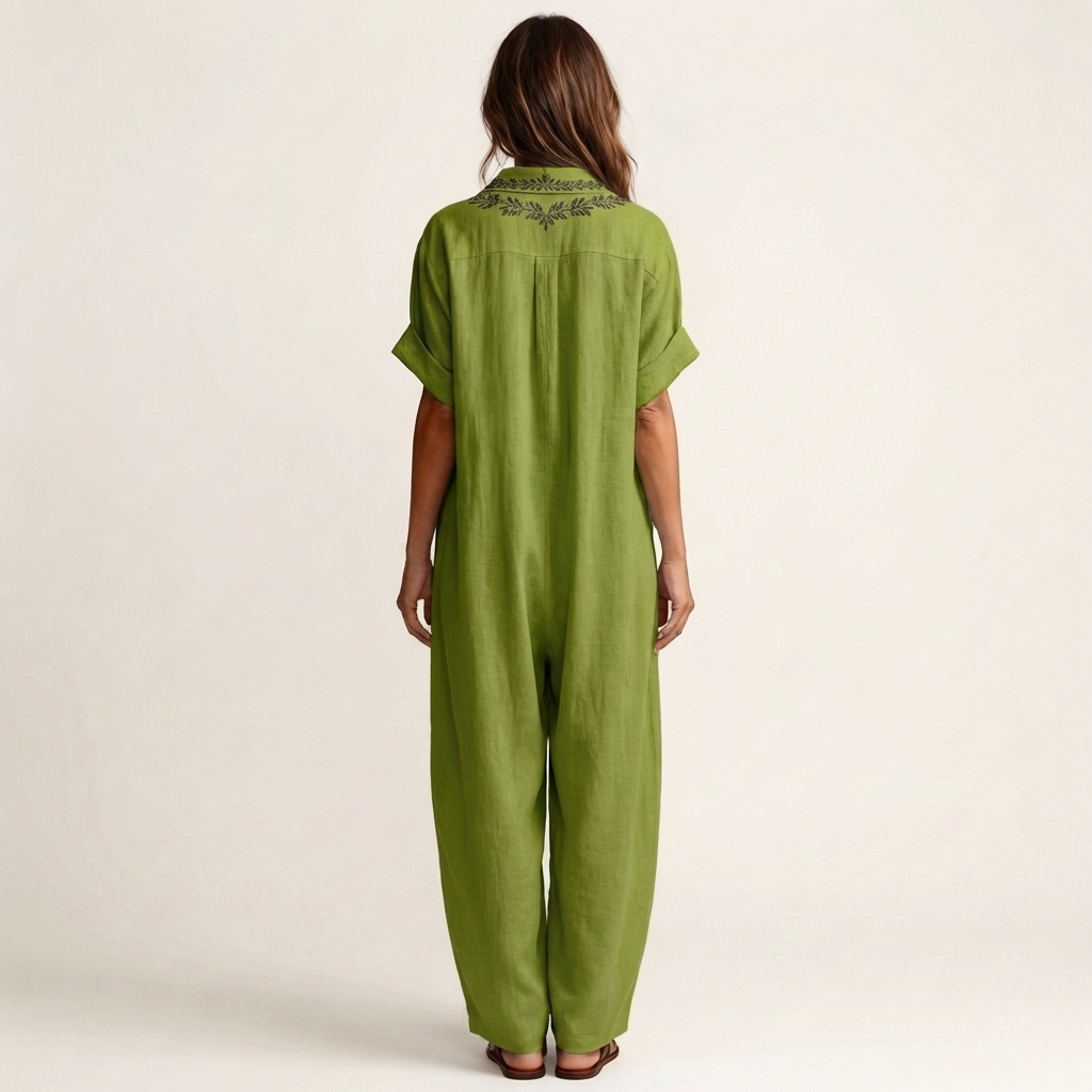 Embroidered V-Neck Collar Linen Maxi Dress