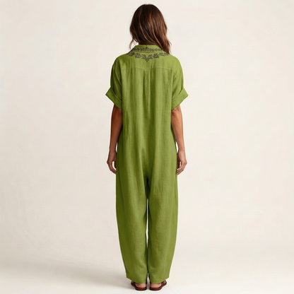 Embroidered V-Neck Collar Linen Maxi Dress