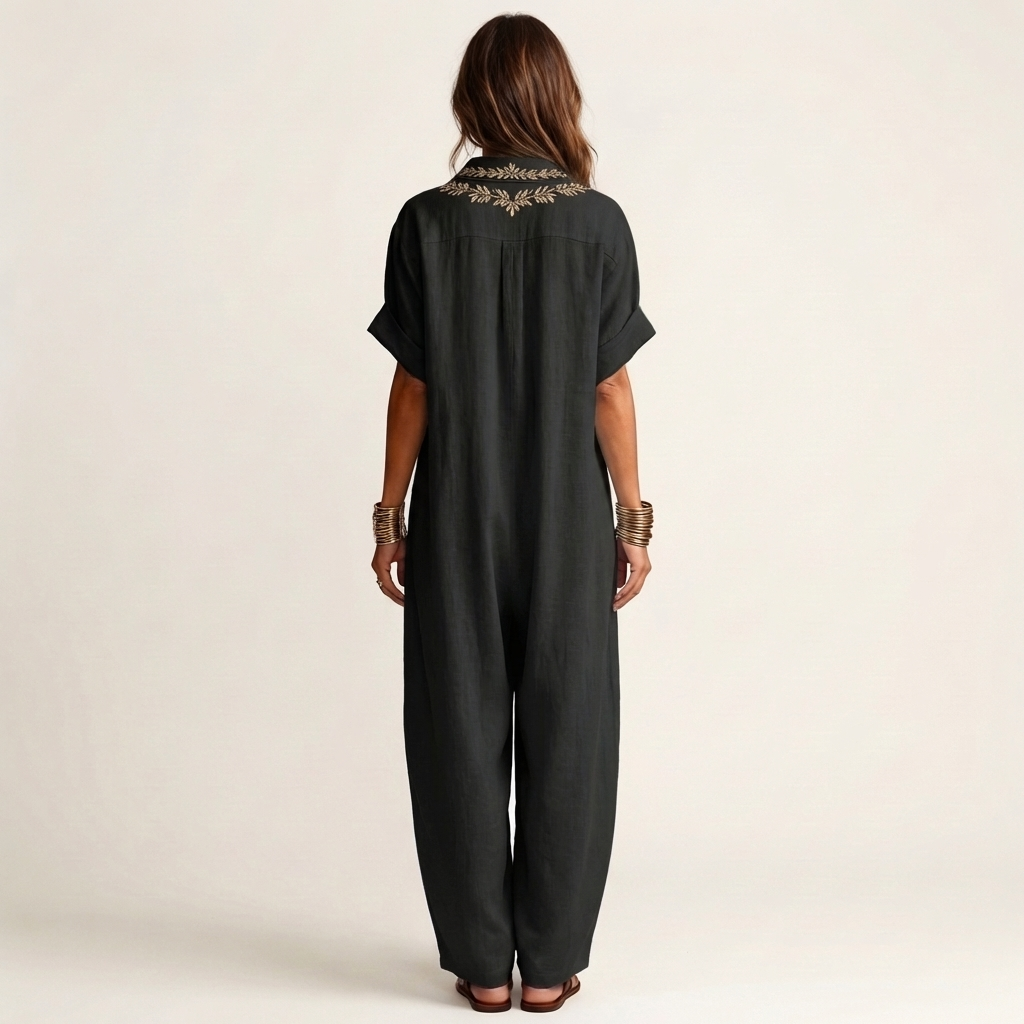 Embroidered V-Neck Collar Linen Maxi Dress