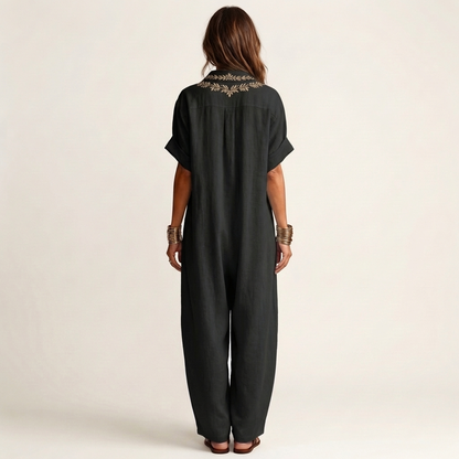 Embroidered V-Neck Collar Linen Maxi Dress