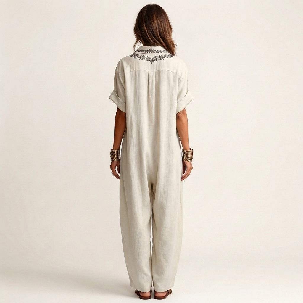 Embroidered V-Neck Collar Linen Maxi Dress