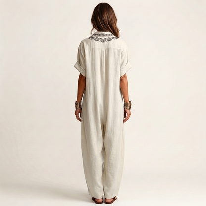 Embroidered V-Neck Collar Linen Maxi Dress