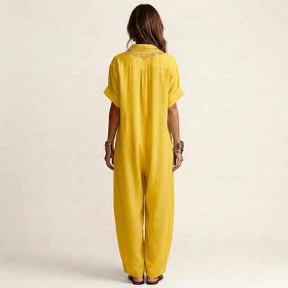 Embroidered V-Neck Collar Linen Maxi Dress