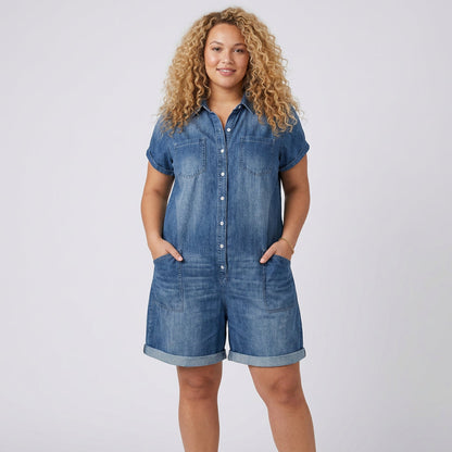 Vintage Short Cotton Denim-Look Overalls