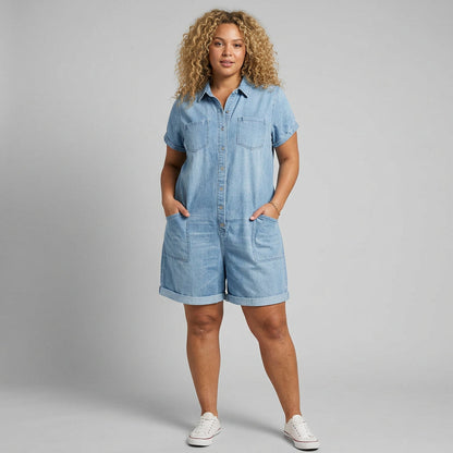 Vintage Short Cotton Denim-Look Overalls