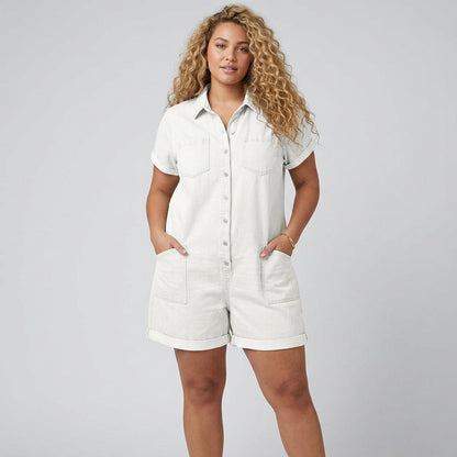 Vintage Short Cotton Denim-Look Overalls