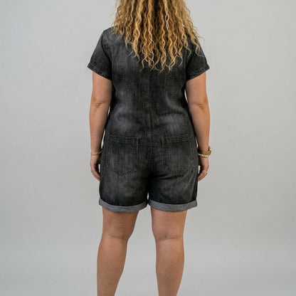 Vintage Short Cotton Denim-Look Overalls