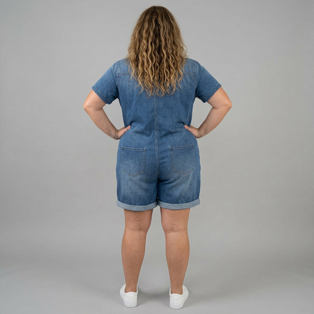 Vintage Short Cotton Denim-Look Overalls