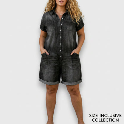 Vintage Short Cotton Denim-Look Overalls